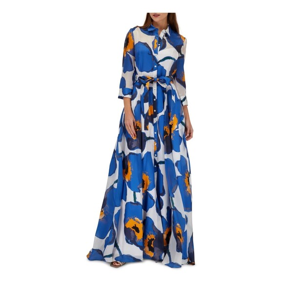 Carolina Herrera Collared Trench Gown Silk Maxi Dress Lupine Blue Multi Size 0
